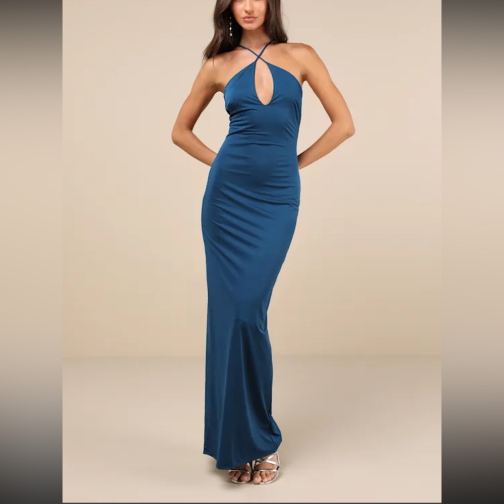 Lulus Momentous Glamour Dark-Teal Front Backless Maxi Dress